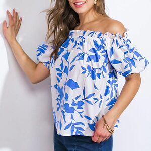 HerringStones Women's Blue & White Printed Woven Off Shoulder Top Puff Sleeves M